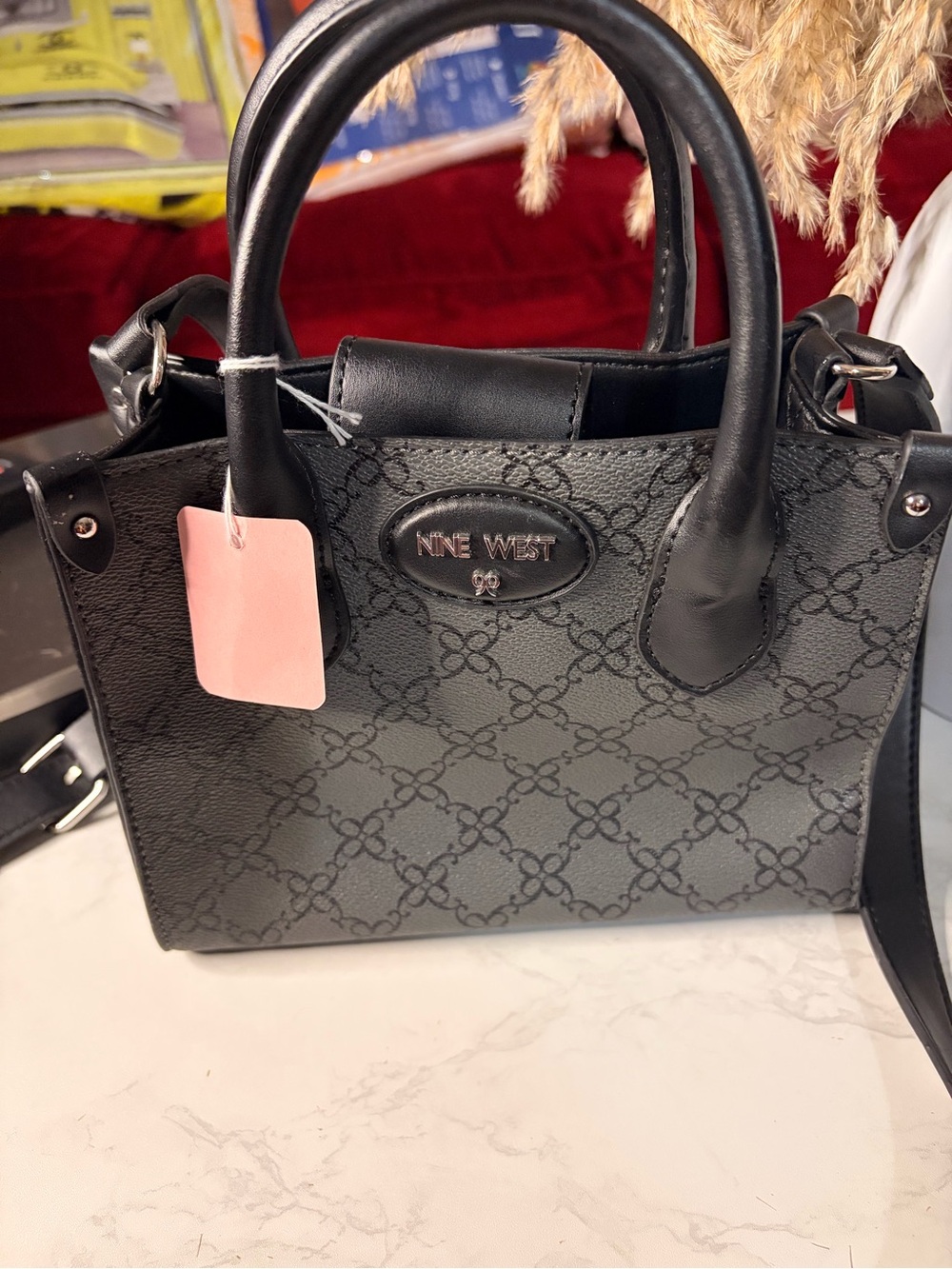 Nine West Black Patterned Mini Satchel with Top Handles